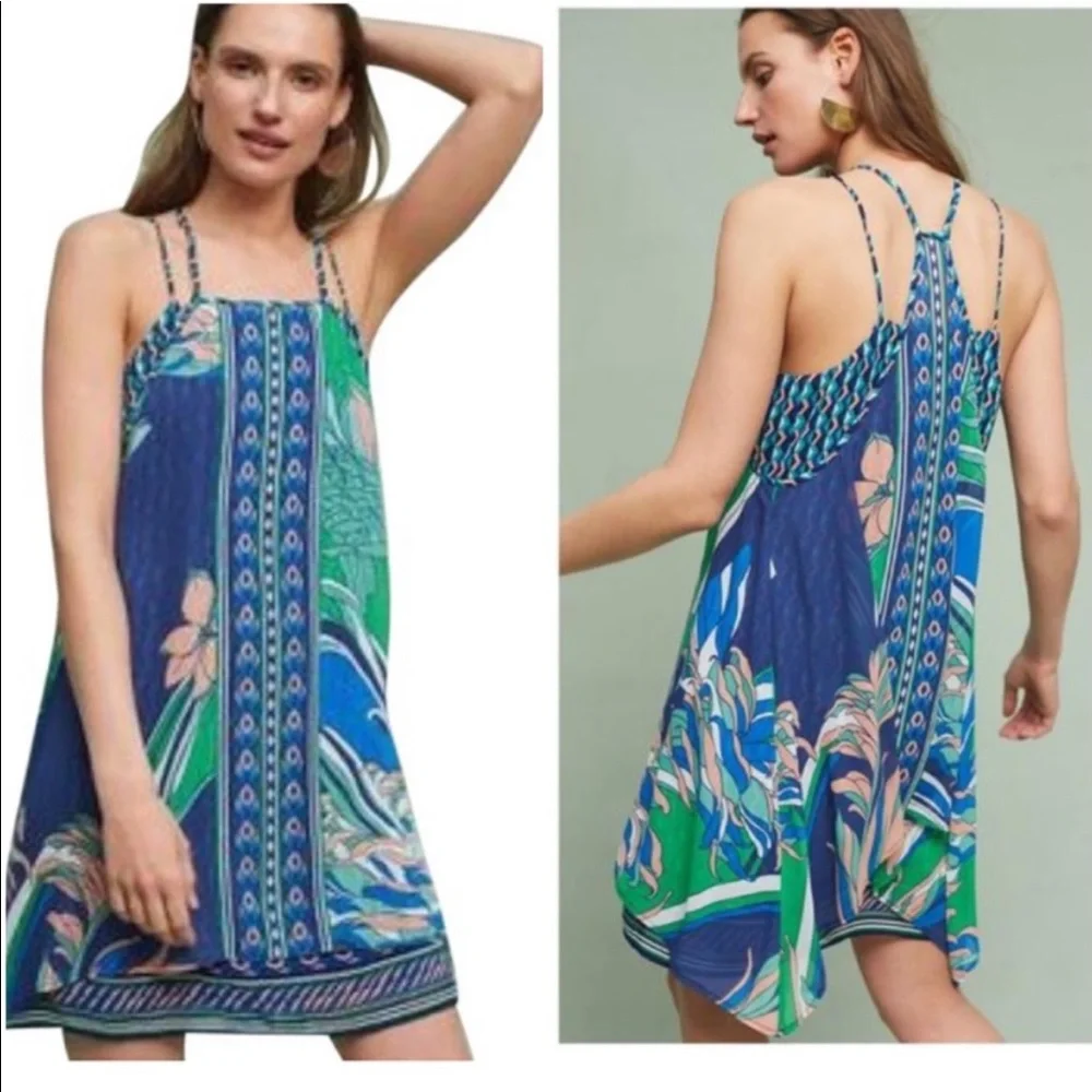 Anthropologie Maeve Laurel Silk Dress S blue green unique - Picture 1 of 9